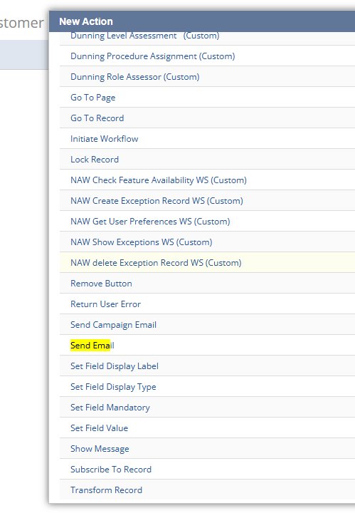 NetSuite workflow New Action dropdown — Send Email highlighted in the action list